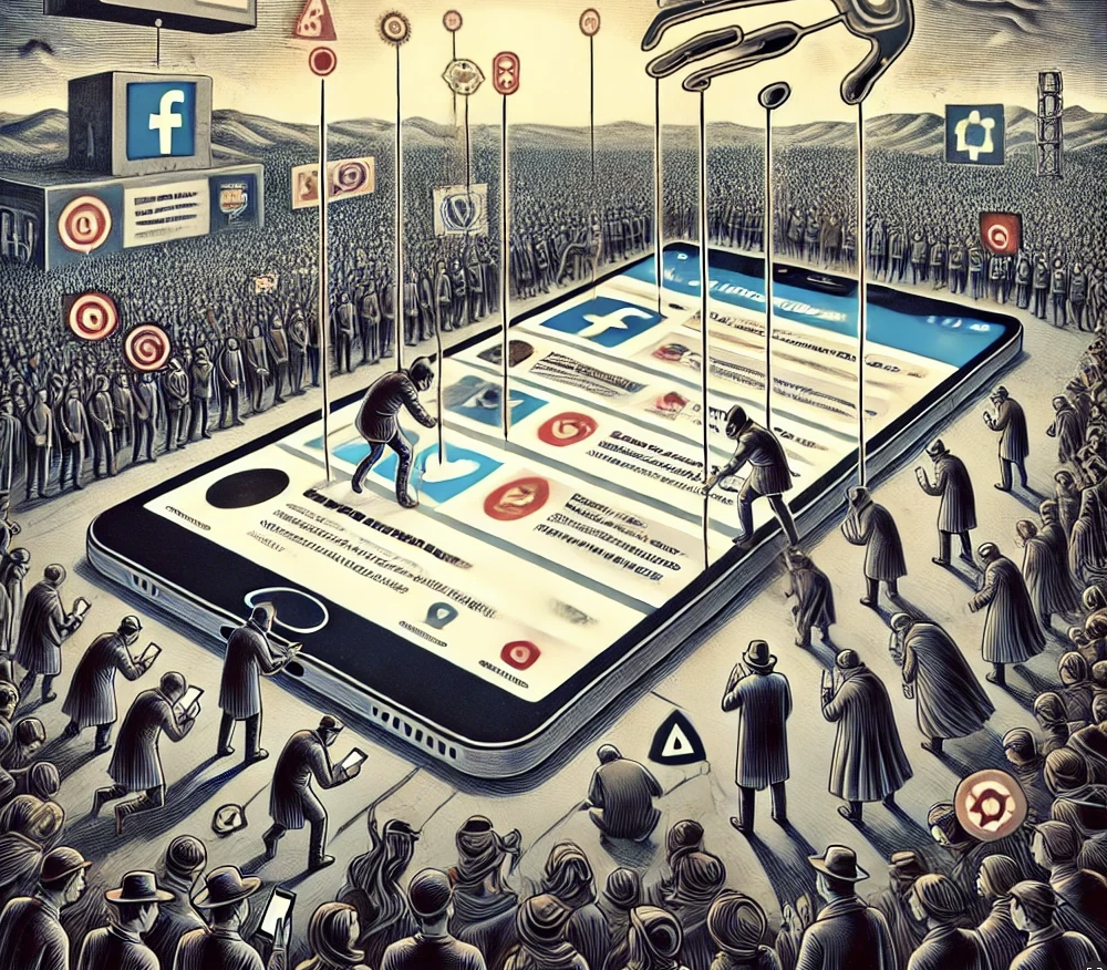 A detailed cartoon-style landscape image depicting a social media platform interface with distorted or censored content, such as blurred text, redacted lines, and warning labels. The interface resembles a typical social media app layout. In the background, a large crowd of confused and frustrated users looks up at the scene, with some holding smartphones. The image also subtly integrates symbols of AI, like gears and circuit patterns, into the platform, indicating the technological influence on the manipulation. The color palette is dark and muted, with the social media interface slightly brighter to draw attention.
